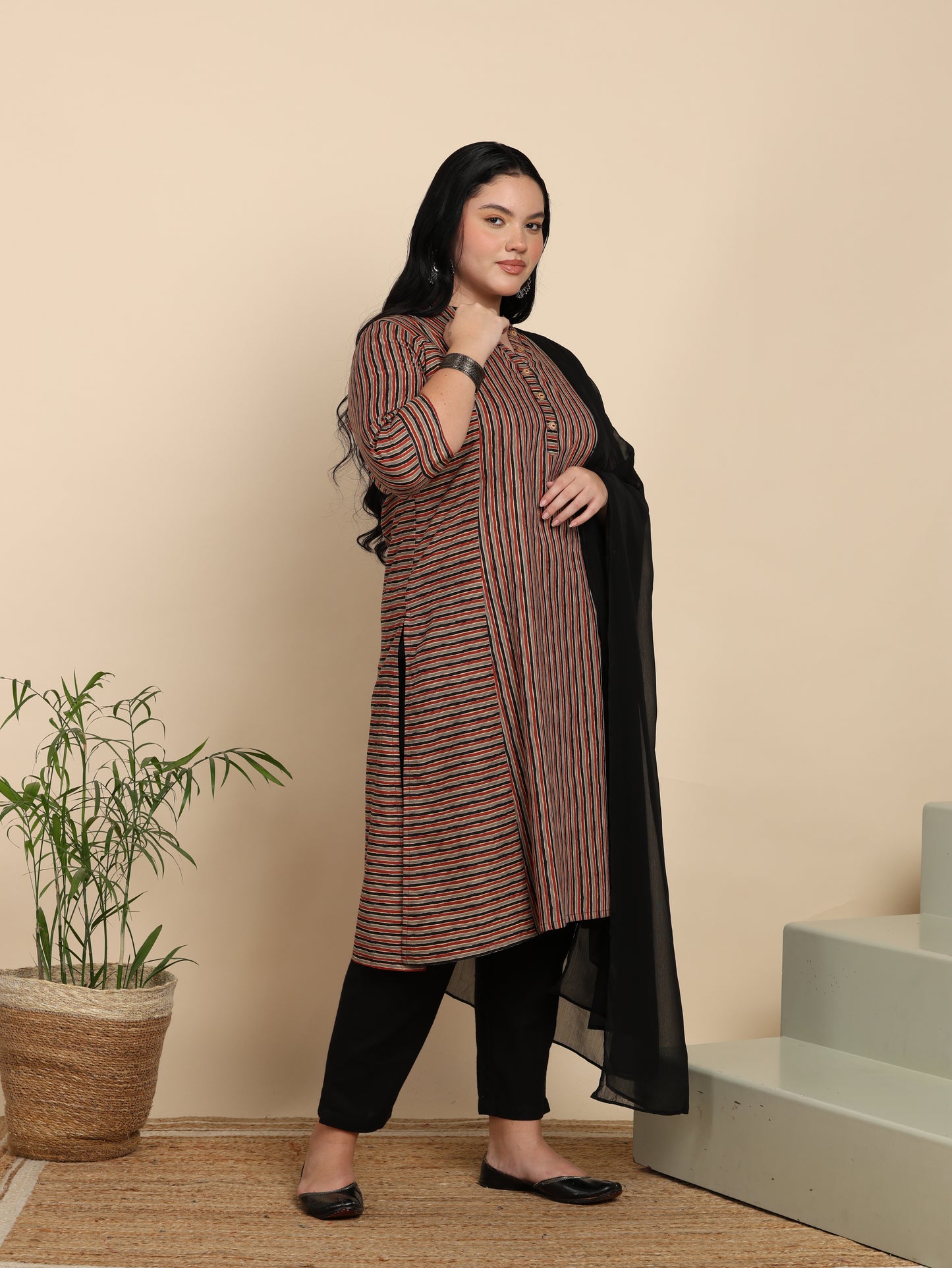 Yash Gallery Women’s Cotton Multi Striped Printed Straight Kurta with Pant & Dupatta