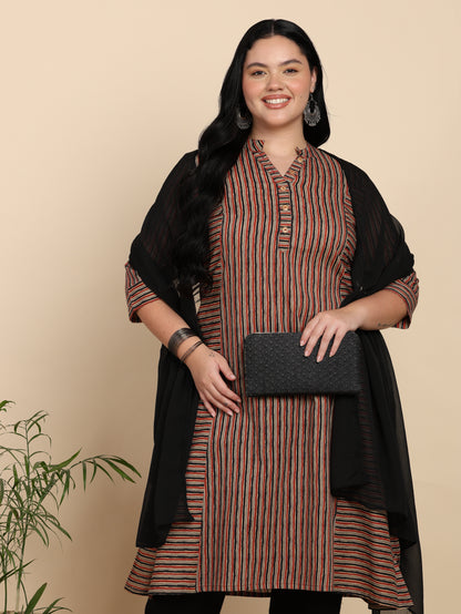 Yash Gallery Women’s Cotton Multi Striped Printed Straight Kurta with Pant & Dupatta