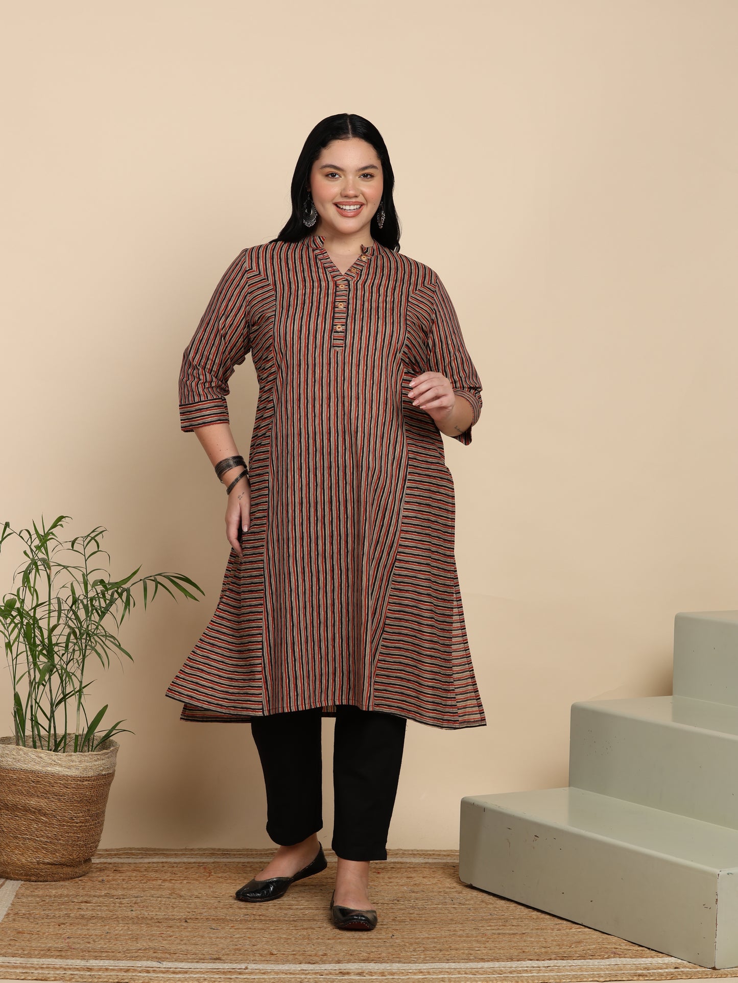 Yash Gallery Women’s Cotton Multi Striped Printed Straight Kurta with Pant & Dupatta