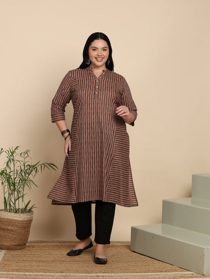 Yash Gallery Women’s Cotton Multi Striped Printed Straight Kurta with Pant & Dupatta