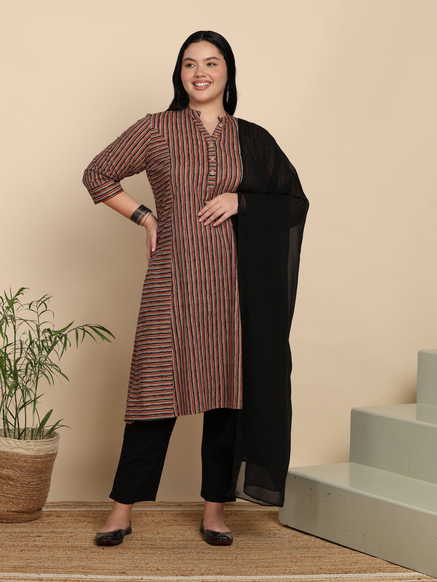 Yash Gallery Women’s Cotton Multi Striped Printed Straight Kurta with Pant & Dupatta