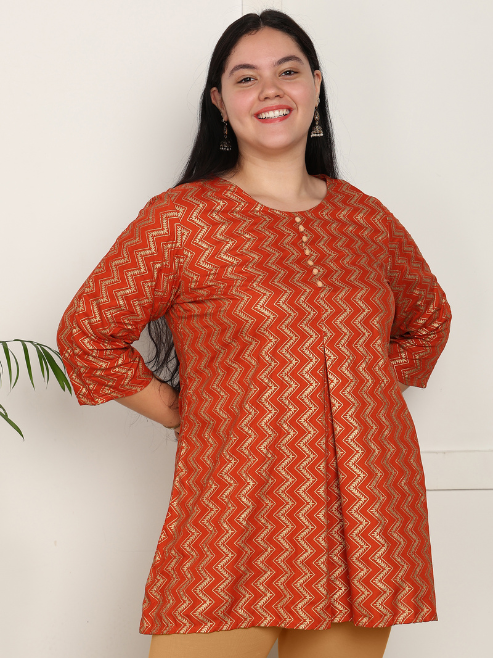 Yash Gallery Women's  Rayon Staple  Plus Size Zig-Zag Print A-Line Short Kurti (Orange)