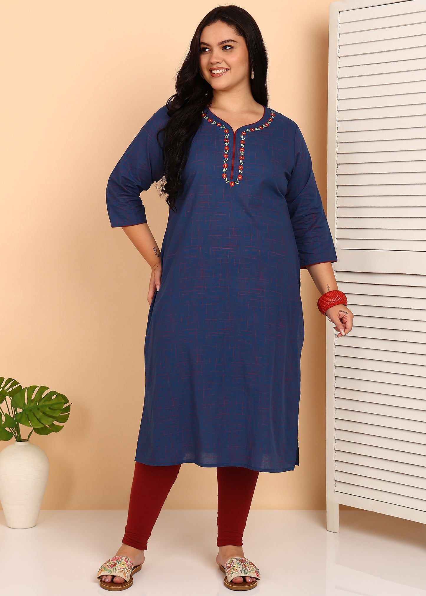 Yash Gallery Women’s Plus Size Cotton Kurti with Embroidery  3/4 Sleeve Straight Kurta (Blue)