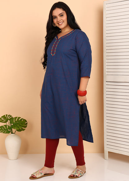 Yash Gallery Women’s Plus Size Cotton Kurti with Embroidery  3/4 Sleeve Straight Kurta (Blue)