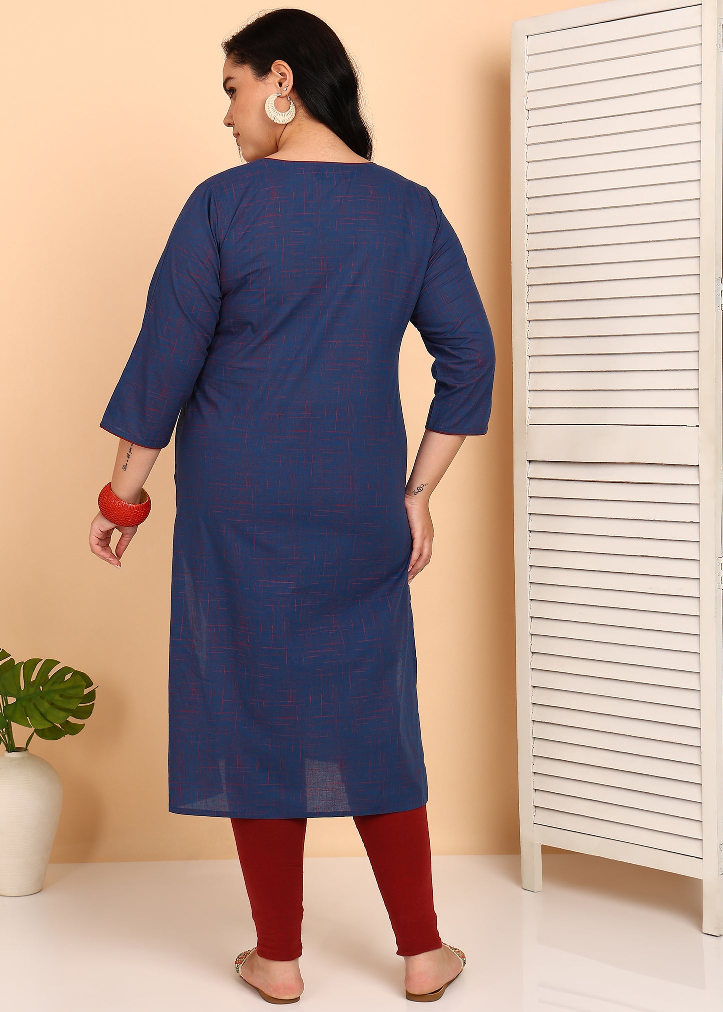 Yash Gallery Women’s Plus Size Cotton Kurti with Embroidery  3/4 Sleeve Straight Kurta (Blue)