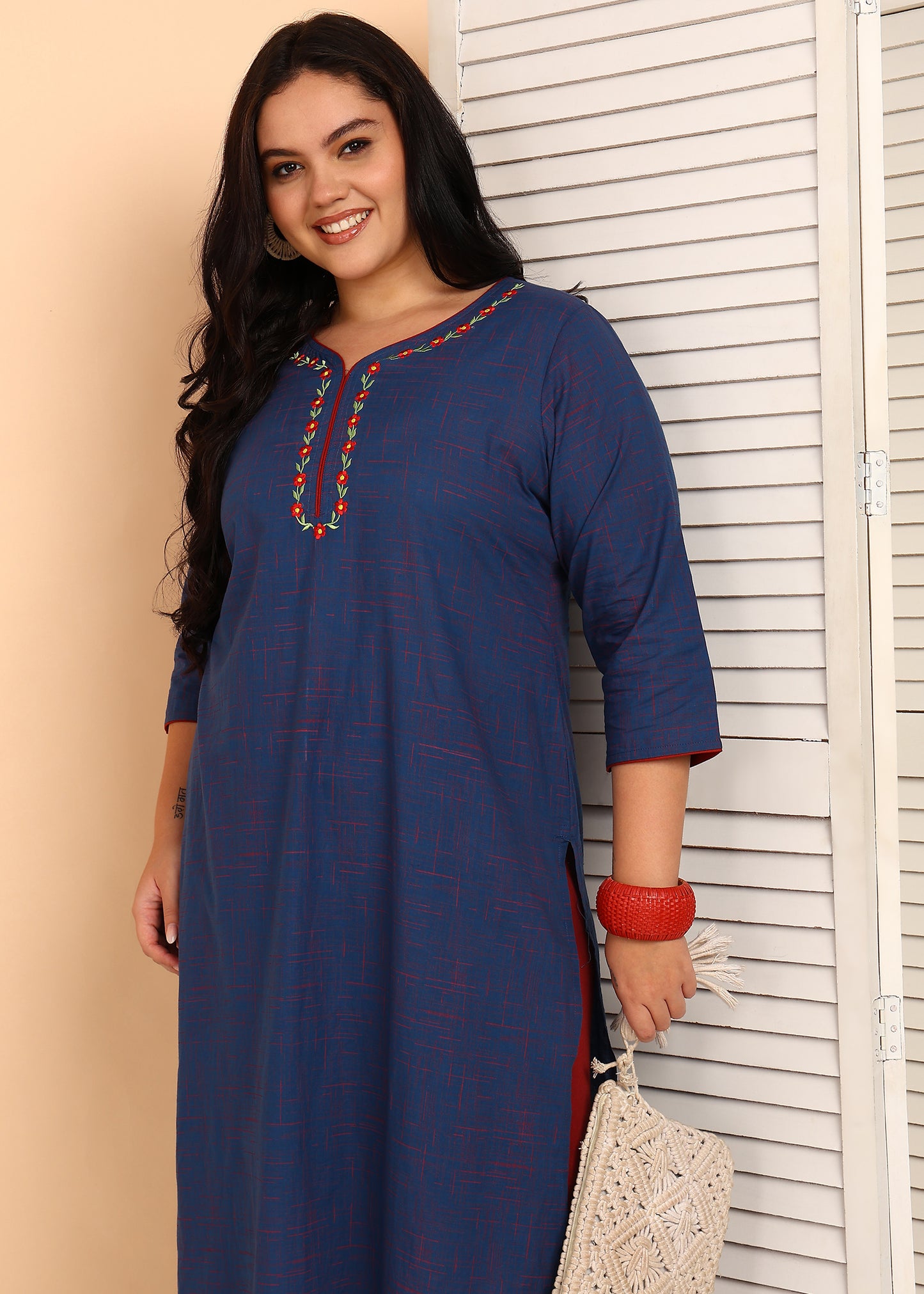 Yash Gallery Women’s Plus Size Cotton Kurti with Embroidery  3/4 Sleeve Straight Kurta (Blue)