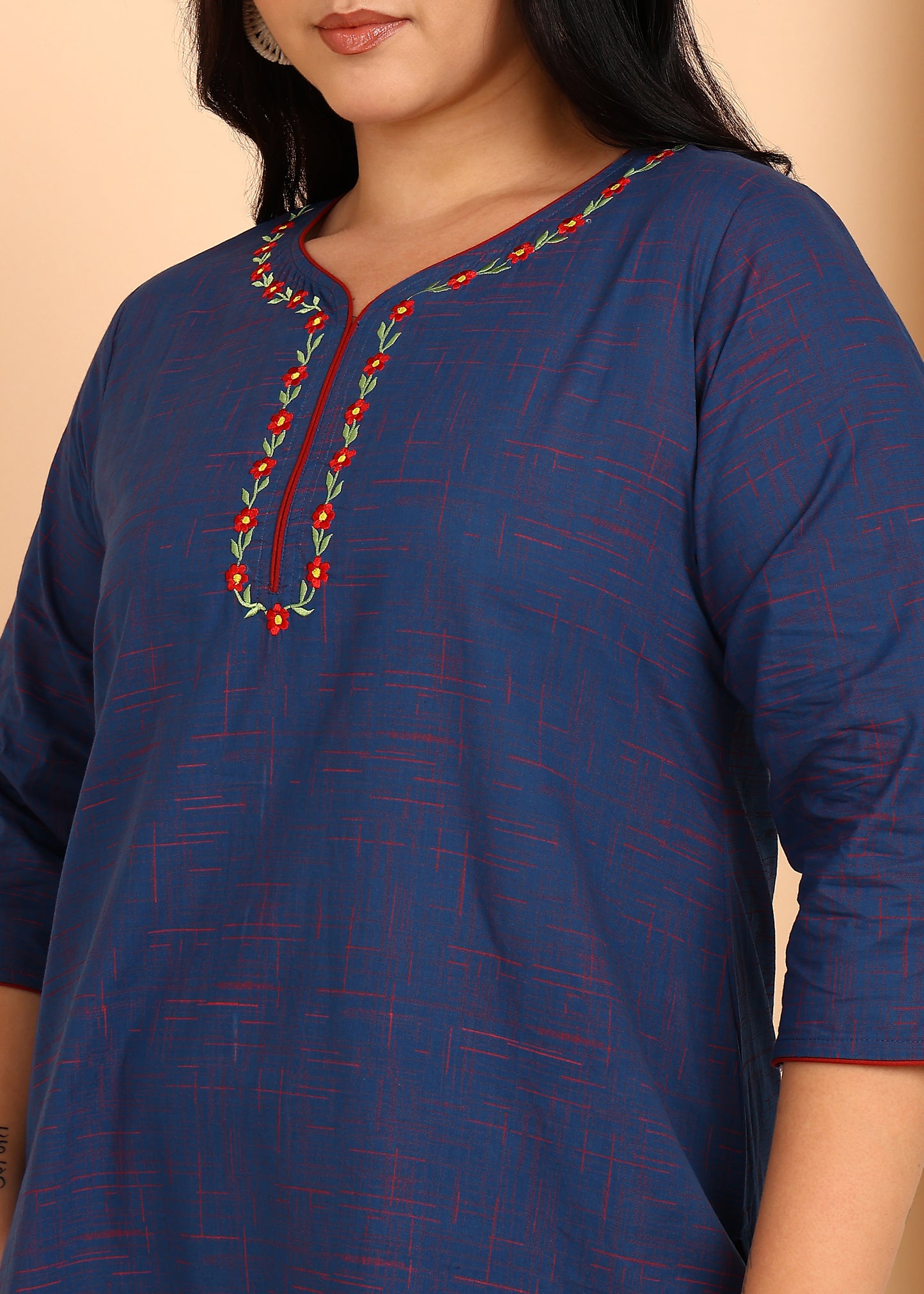 Yash Gallery Women’s Plus Size Cotton Kurti with Embroidery  3/4 Sleeve Straight Kurta (Blue)