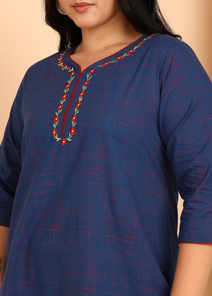 Yash Gallery Women’s Plus Size Cotton Kurti with Embroidery  3/4 Sleeve Straight Kurta (Blue)