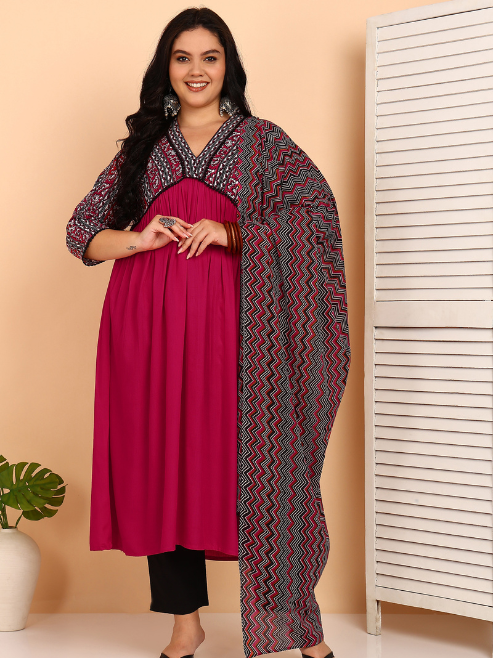 Yash Gallery Women’s Rayon 3/4 Sleeve Bagru Printed Alia Cut Kurta with Zig Zag Dupatta and Pant (Pink)
