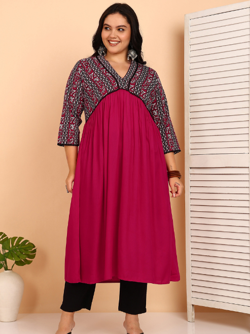 Yash Gallery Women’s Rayon 3/4 Sleeve Bagru Printed Alia Cut Kurta with Zig Zag Dupatta and Pant (Pink)