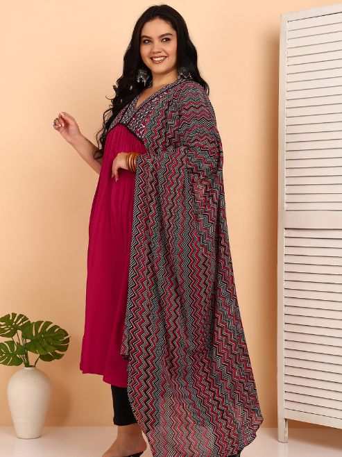 Yash Gallery Women’s Rayon 3/4 Sleeve Bagru Printed Alia Cut Kurta with Zig Zag Dupatta and Pant (Pink)