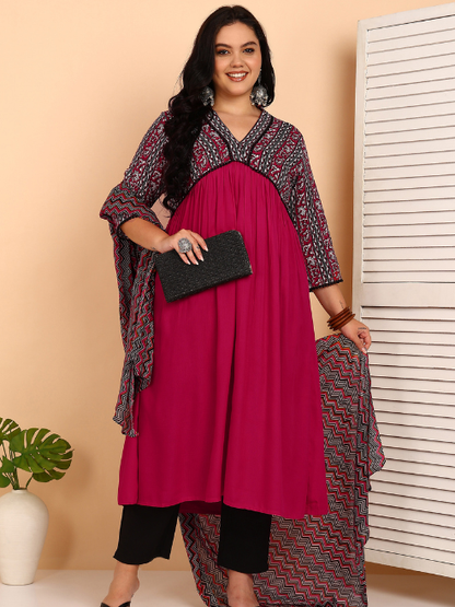 Yash Gallery Women’s Rayon 3/4 Sleeve Bagru Printed Alia Cut Kurta with Zig Zag Dupatta and Pant (Pink)