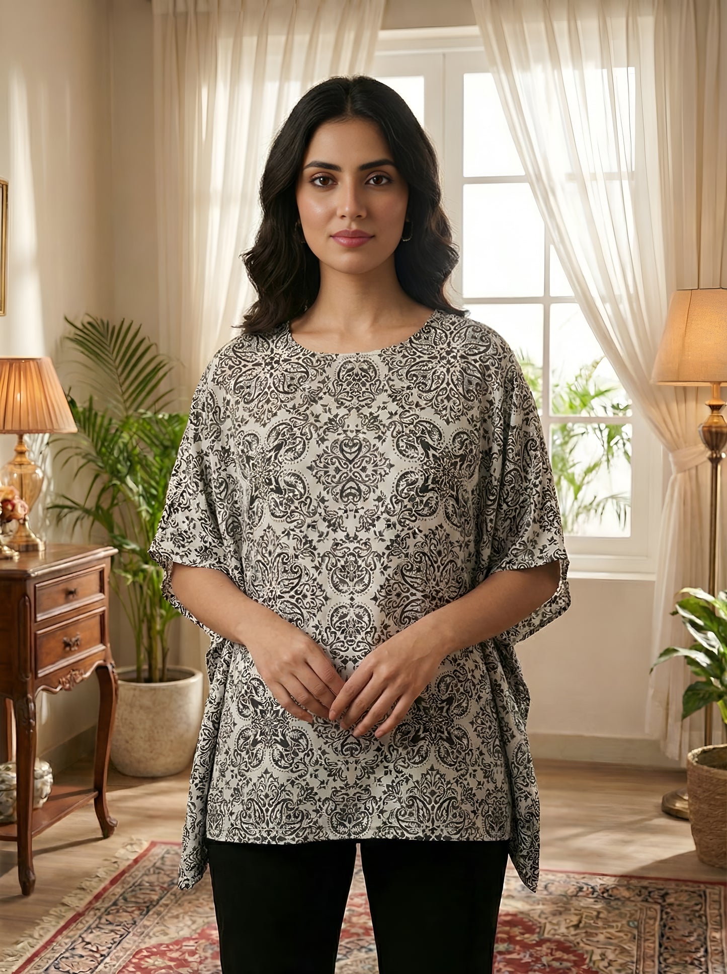 Yash Gallery Women's Wrinkle-Free Microfiber Geometric Print Kimono Sleeve Round Neck Top with Cotton Slub Elastic Waist Ankle Length Palazzo | 2 Side Pockets | Co-Ord Set for Casual Wear