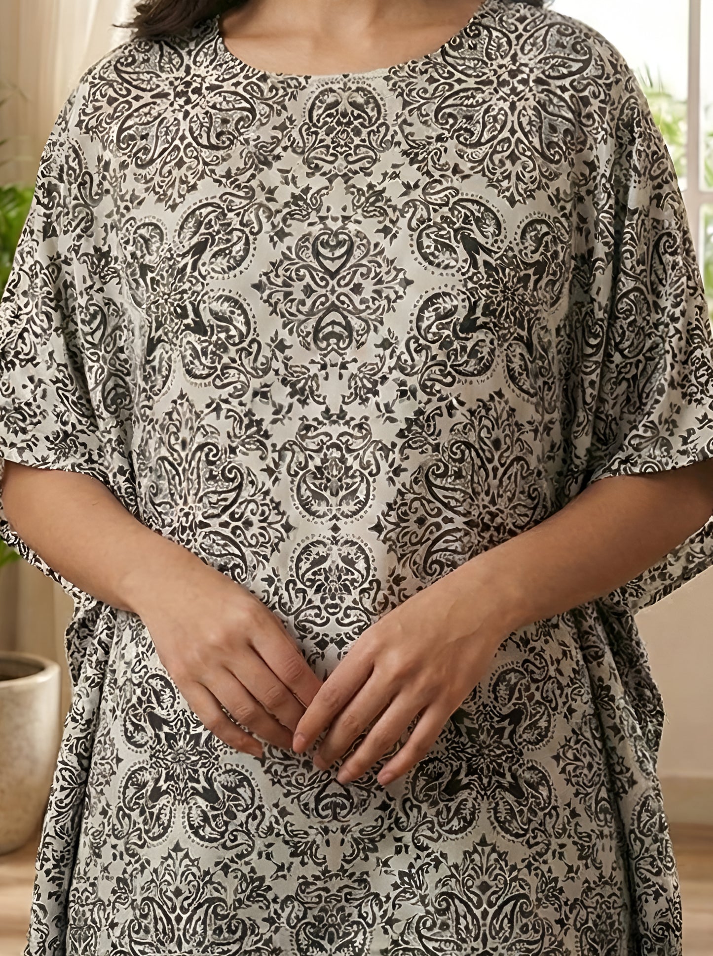 Yash Gallery Women's Wrinkle-Free Microfiber Geometric Print Kimono Sleeve Round Neck Top with Cotton Slub Elastic Waist Ankle Length Palazzo | 2 Side Pockets | Co-Ord Set for Casual Wear