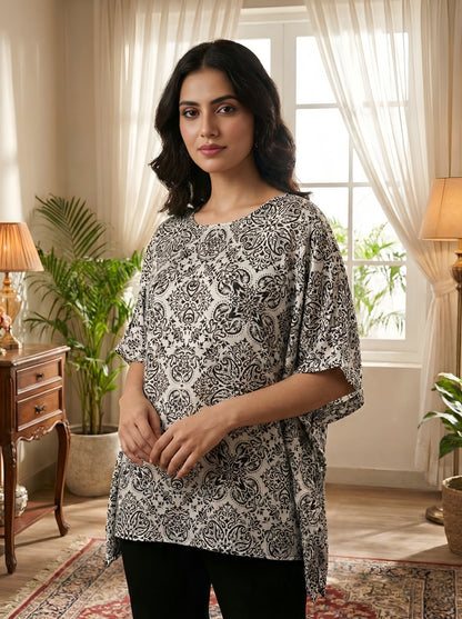 Yash Gallery Women's Wrinkle-Free Microfiber Geometric Print Kimono Sleeve Round Neck Top with Cotton Slub Elastic Waist Ankle Length Palazzo | 2 Side Pockets | Co-Ord Set for Casual Wear