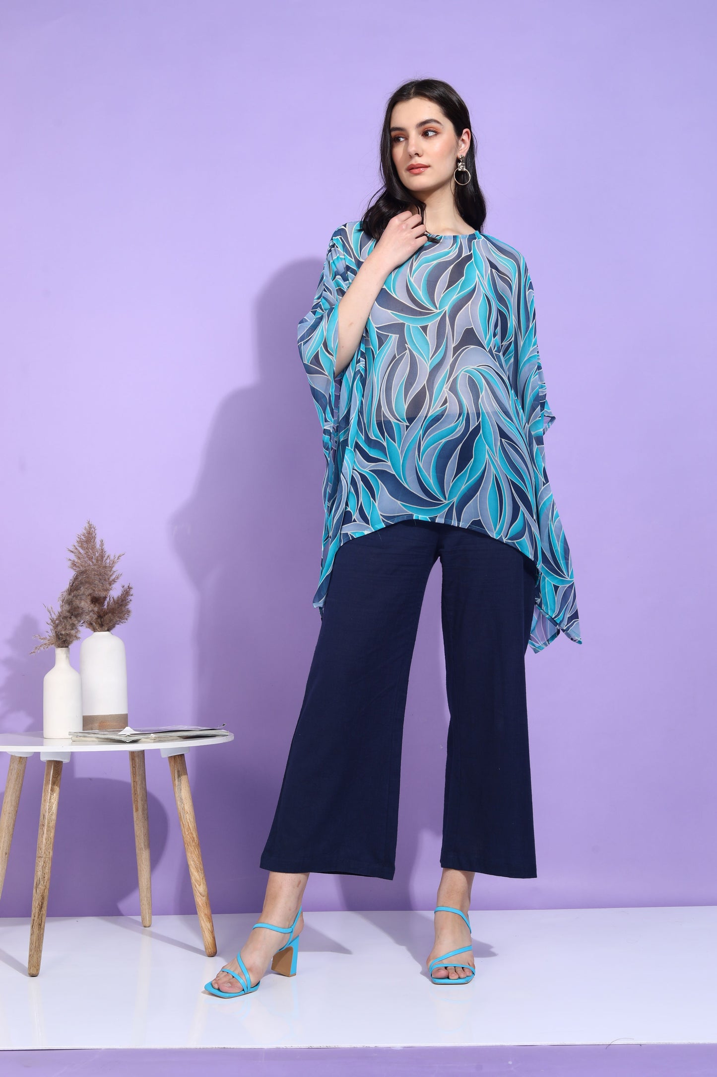 Yash Gallery Women's Georgette Printed Kaftan Top with Solid Wide-Leg Palazzo Pants – Stylish Western Co-ord Set