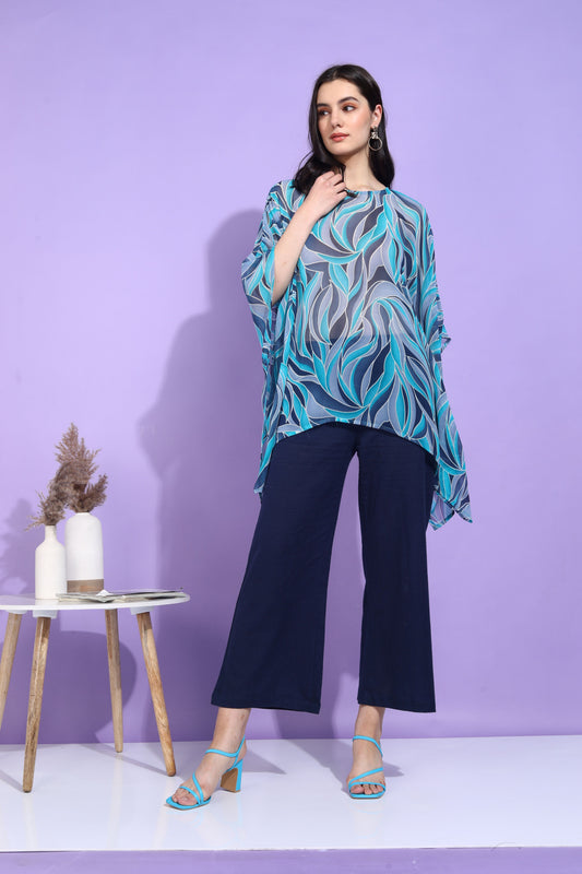 Yash Gallery Women's Georgette Printed Kaftan Top with Solid Wide-Leg Palazzo Pants – Stylish Western Co-ord Set