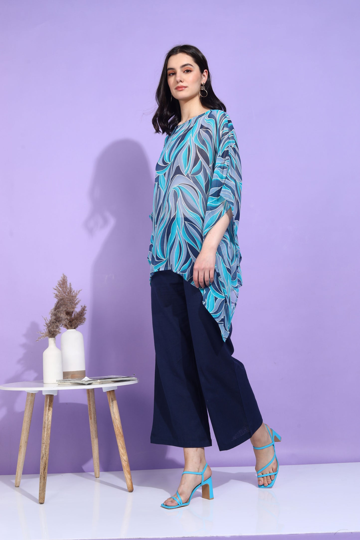 Yash Gallery Women's Georgette Printed Kaftan Top with Solid Wide-Leg Palazzo Pants – Stylish Western Co-ord Set