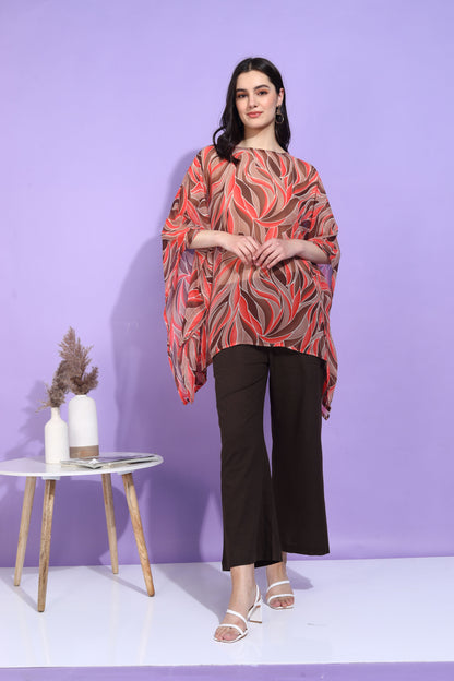 Yash Gallery Women's Georgette Printed Kaftan Top with Solid Brown Wide-Leg Palazzo Pants – Elegant Co-ord Set