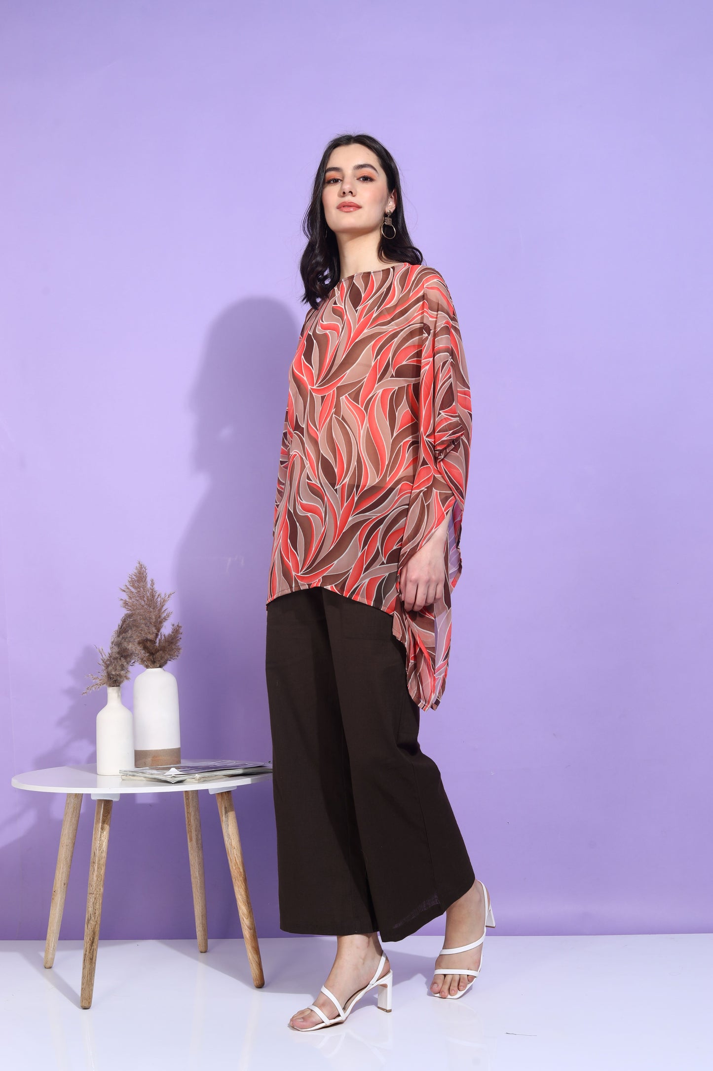 Yash Gallery Women's Georgette Printed Kaftan Top with Solid Brown Wide-Leg Palazzo Pants – Elegant Co-ord Set