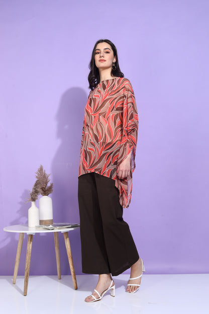 Yash Gallery Women's Georgette Printed Kaftan Top with Solid Brown Wide-Leg Palazzo Pants – Elegant Co-ord Set