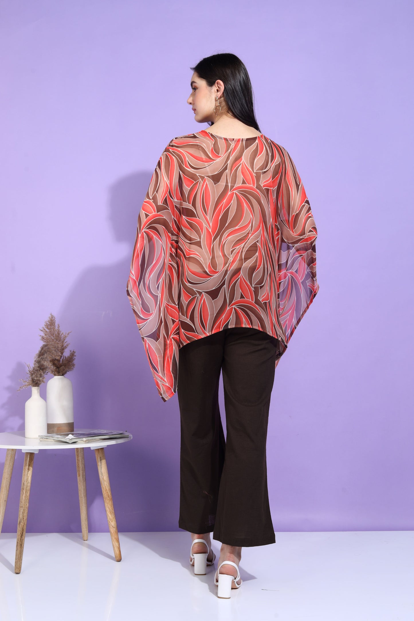 Yash Gallery Women's Georgette Printed Kaftan Top with Solid Brown Wide-Leg Palazzo Pants – Elegant Co-ord Set