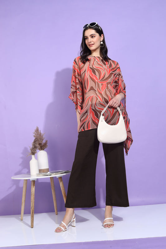 Yash Gallery Women's Georgette Printed Kaftan Top with Solid Brown Wide-Leg Palazzo Pants – Elegant Co-ord Set