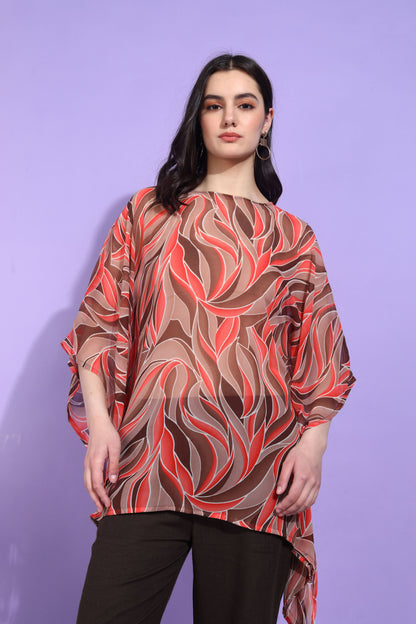 Yash Gallery Women's Georgette Printed Kaftan Top with Solid Brown Wide-Leg Palazzo Pants – Elegant Co-ord Set