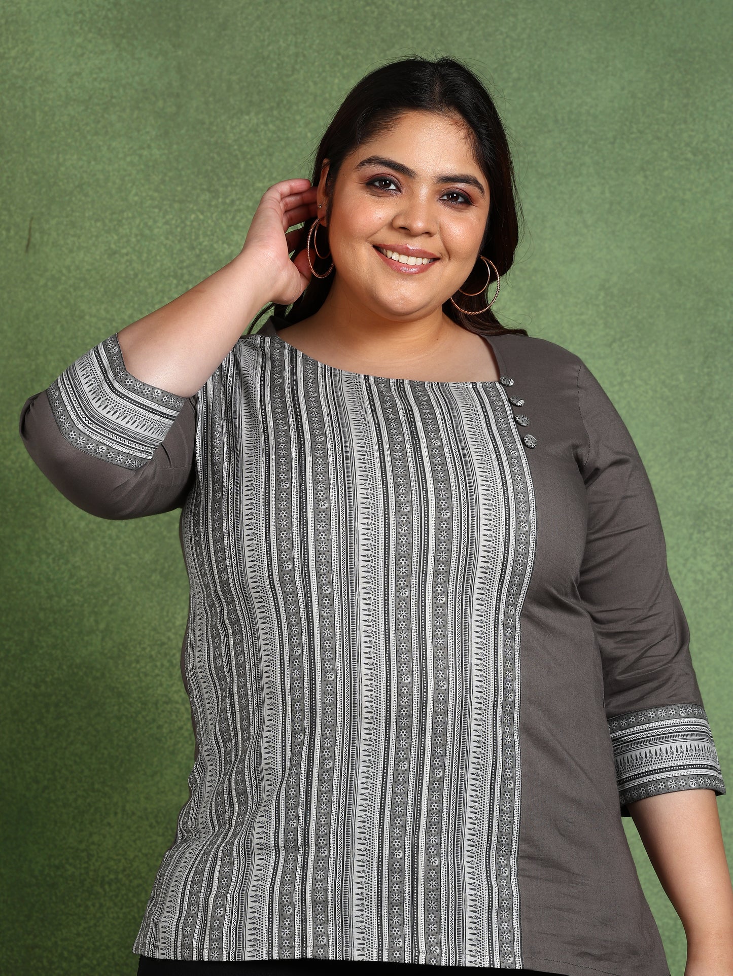 Yash Gallery Plus Size Women’s Cotton Printed Top Asymmetric Round Neck, 3/4 Sleeves (Grey)