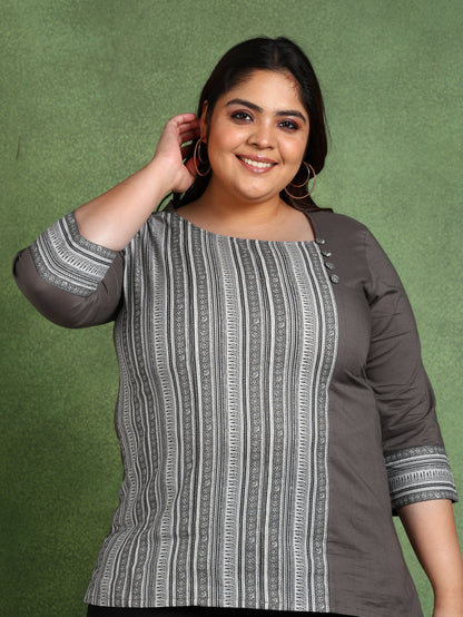 Yash Gallery Plus Size Women’s Cotton Printed Top Asymmetric Round Neck, 3/4 Sleeves (Grey)