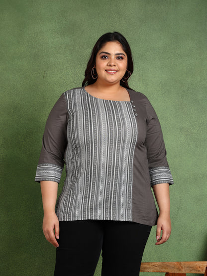 Yash Gallery Plus Size Women’s Cotton Printed Top Asymmetric Round Neck, 3/4 Sleeves (Grey)
