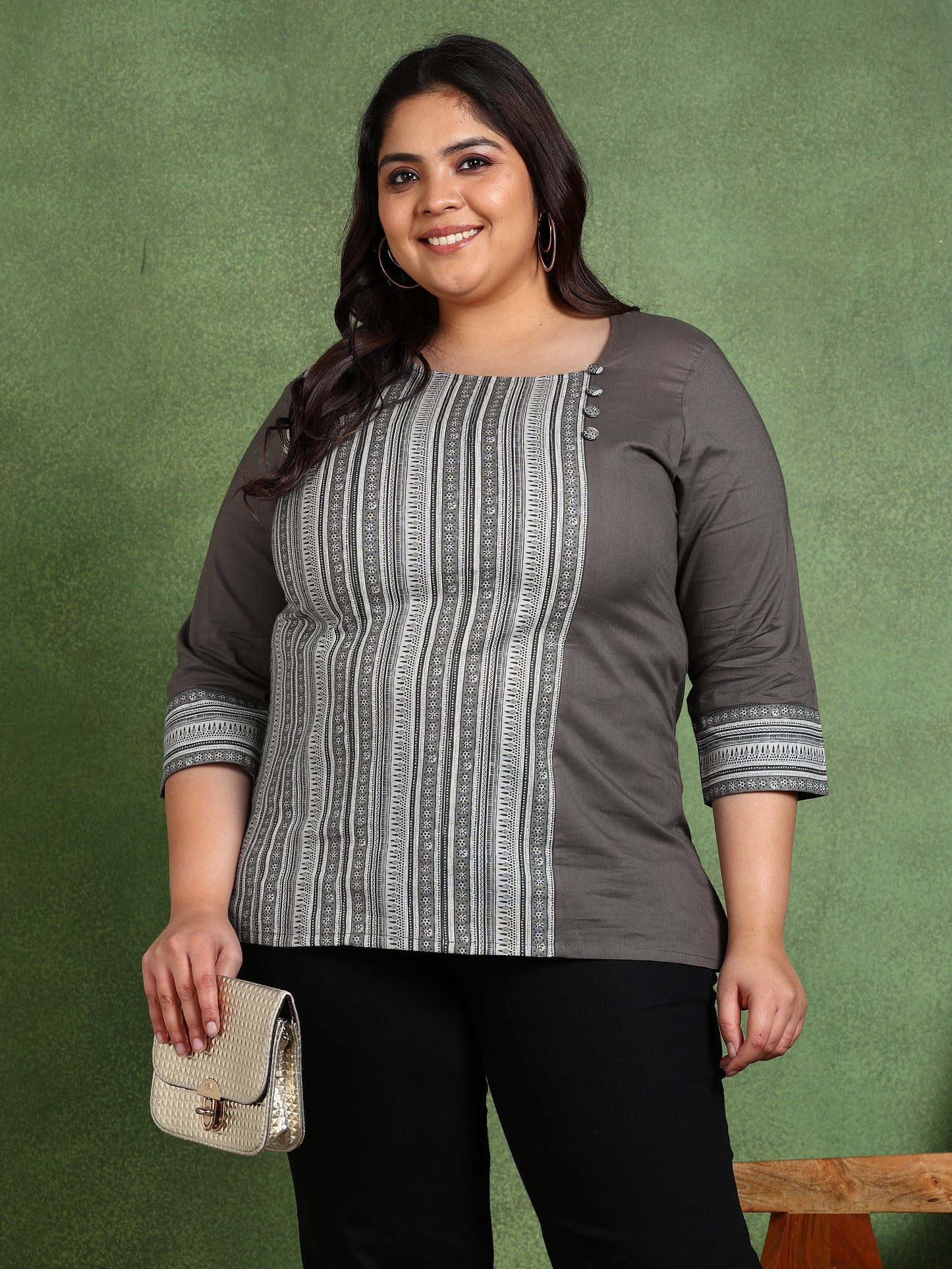 Yash Gallery Plus Size Women’s Cotton Printed Top Asymmetric Round Neck, 3/4 Sleeves (Grey)