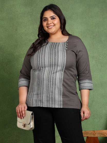 Yash Gallery Plus Size Women’s Cotton Printed Top Asymmetric Round Neck, 3/4 Sleeves (Grey)