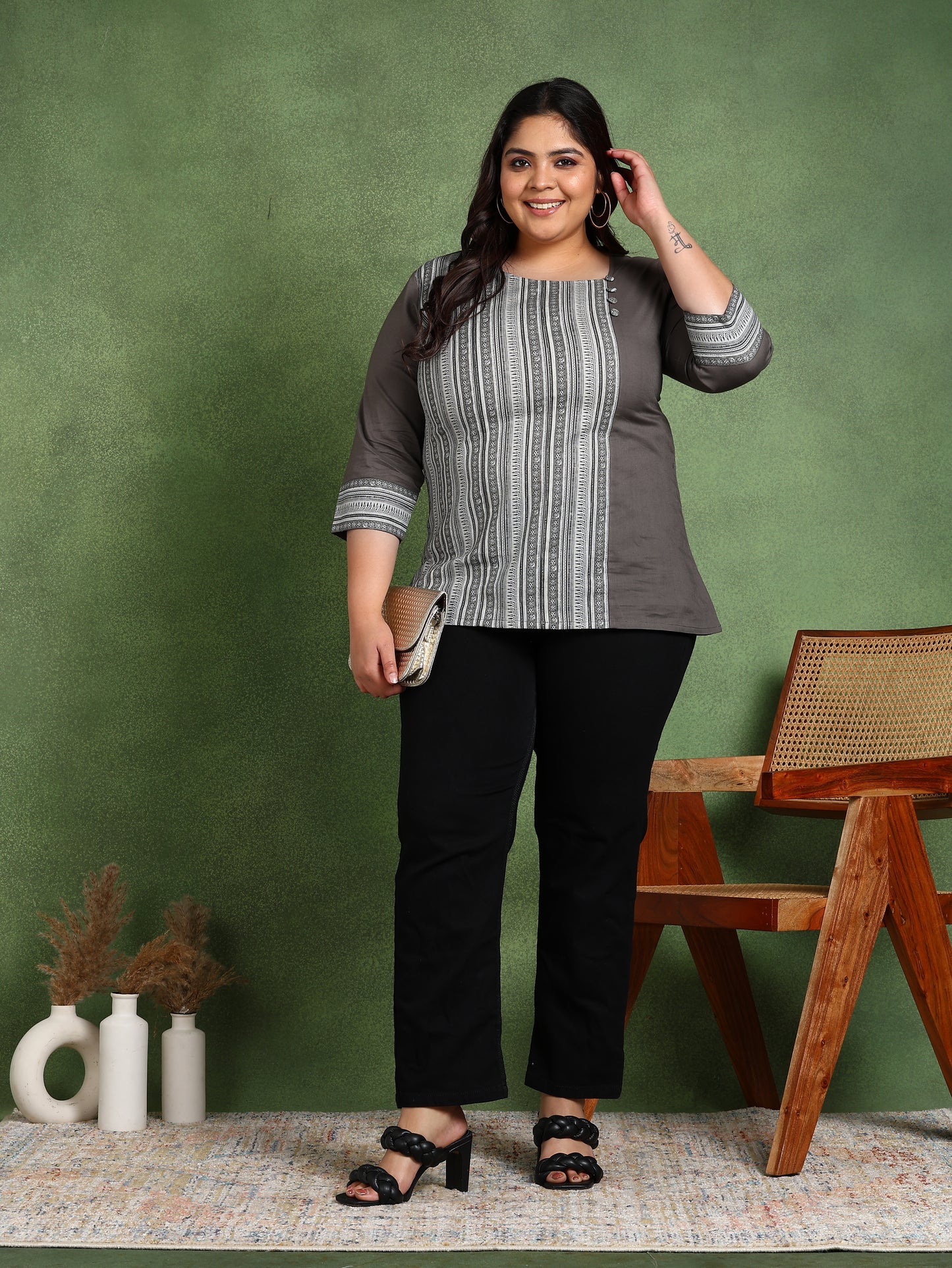 Yash Gallery Plus Size Women’s Cotton Printed Top Asymmetric Round Neck, 3/4 Sleeves (Grey)
