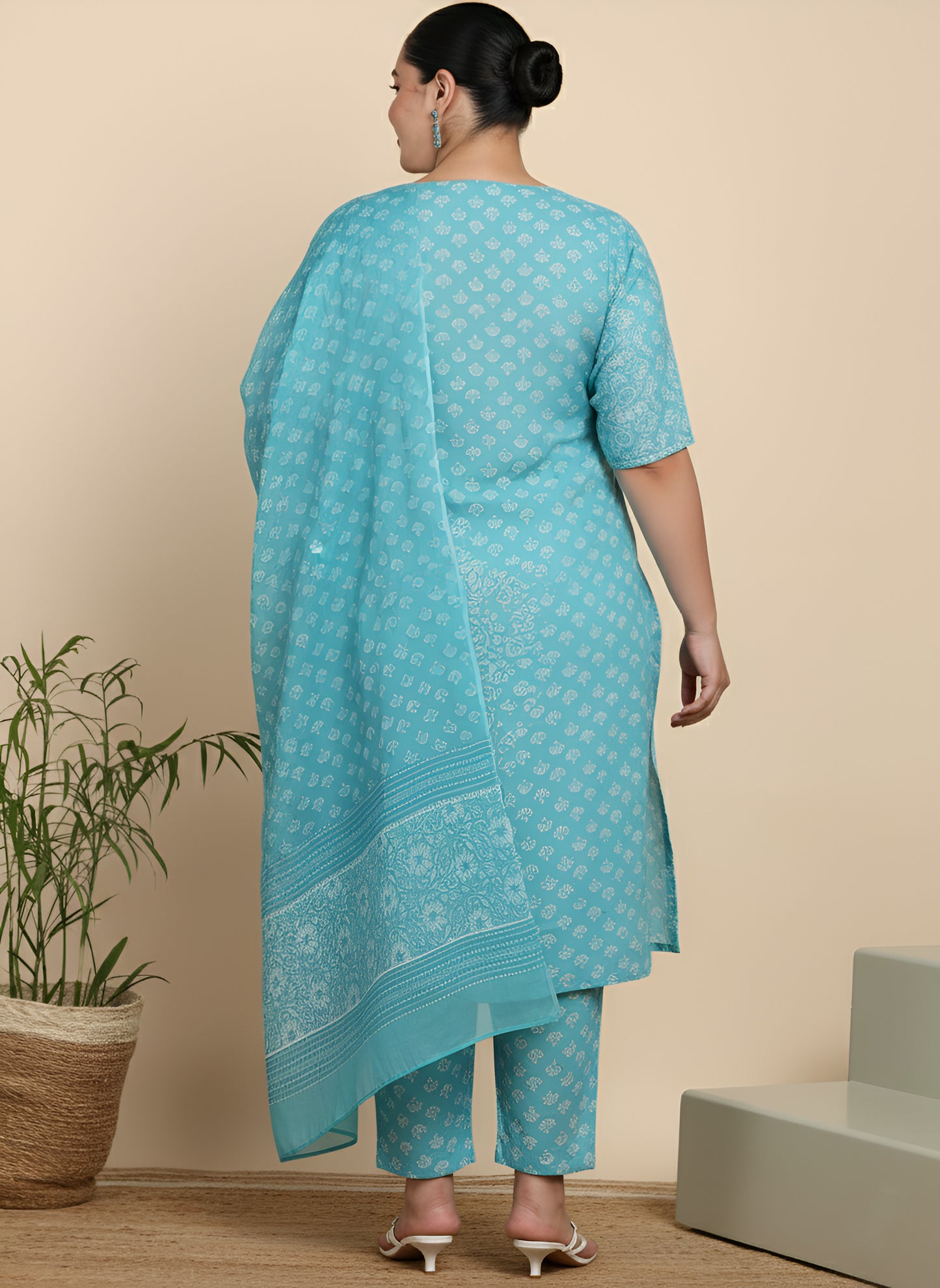 Yash Gallery Women’s Cotton Printed Kurta Set with Dupatta V-Neck with Handwork Detail & Side Dori (Blue)