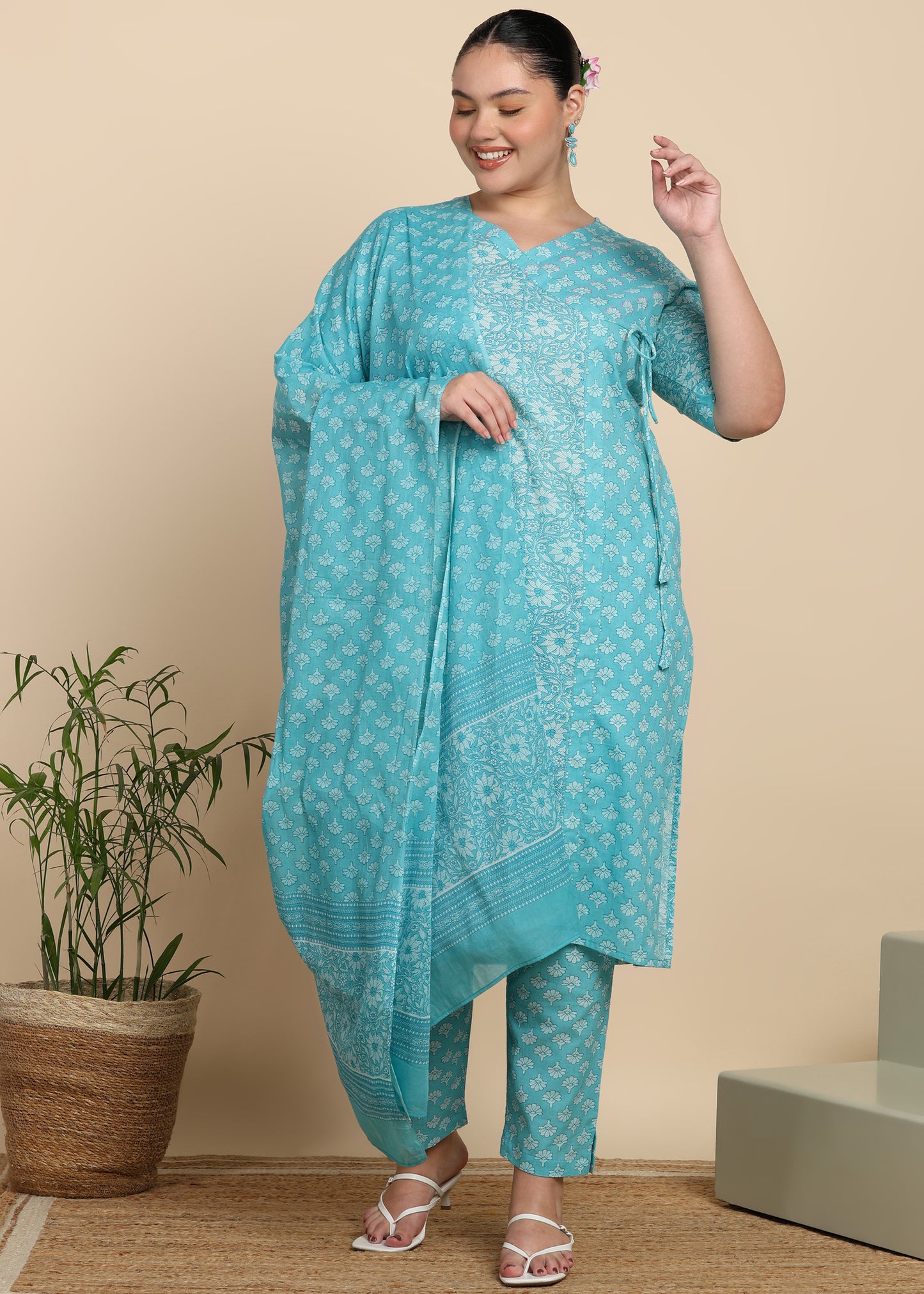 Yash Gallery Women’s Cotton Printed Kurta Set with Dupatta V-Neck with Handwork Detail & Side Dori (Blue)
