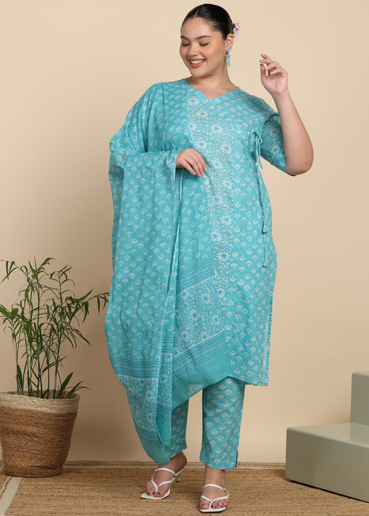 Yash Gallery Women’s Cotton Printed Kurta Set with Dupatta V-Neck with Handwork Detail & Side Dori (Blue)
