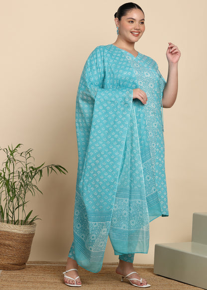 Yash Gallery Women’s Cotton Printed Kurta Set with Dupatta V-Neck with Handwork Detail & Side Dori (Blue)