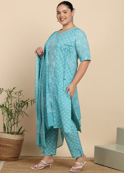 Yash Gallery Women’s Cotton Printed Kurta Set with Dupatta V-Neck with Handwork Detail & Side Dori (Blue)