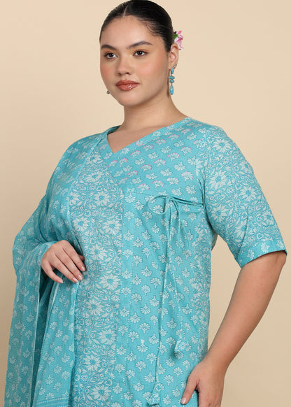 Yash Gallery Women’s Cotton Printed Kurta Set with Dupatta V-Neck with Handwork Detail & Side Dori (Blue)