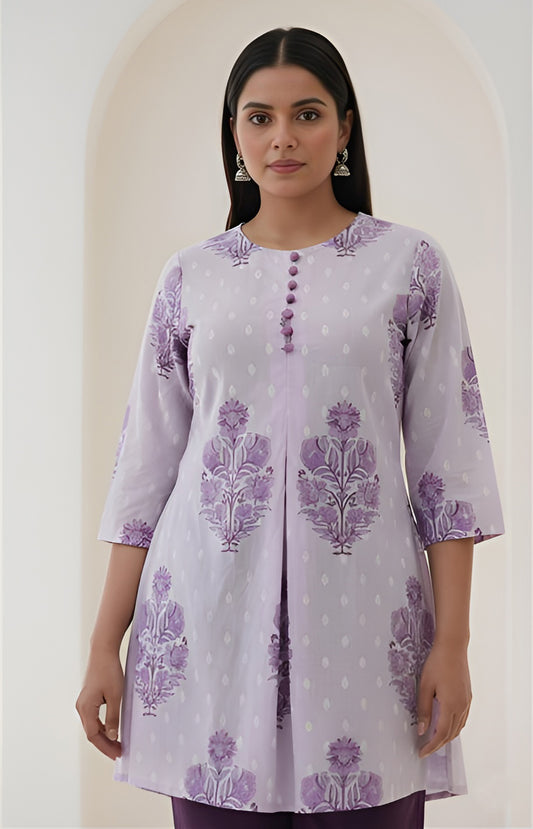 Yash Gallery Women’s Cotton Printed A-Line Kurti with Front Pleat and Fabric Buttons