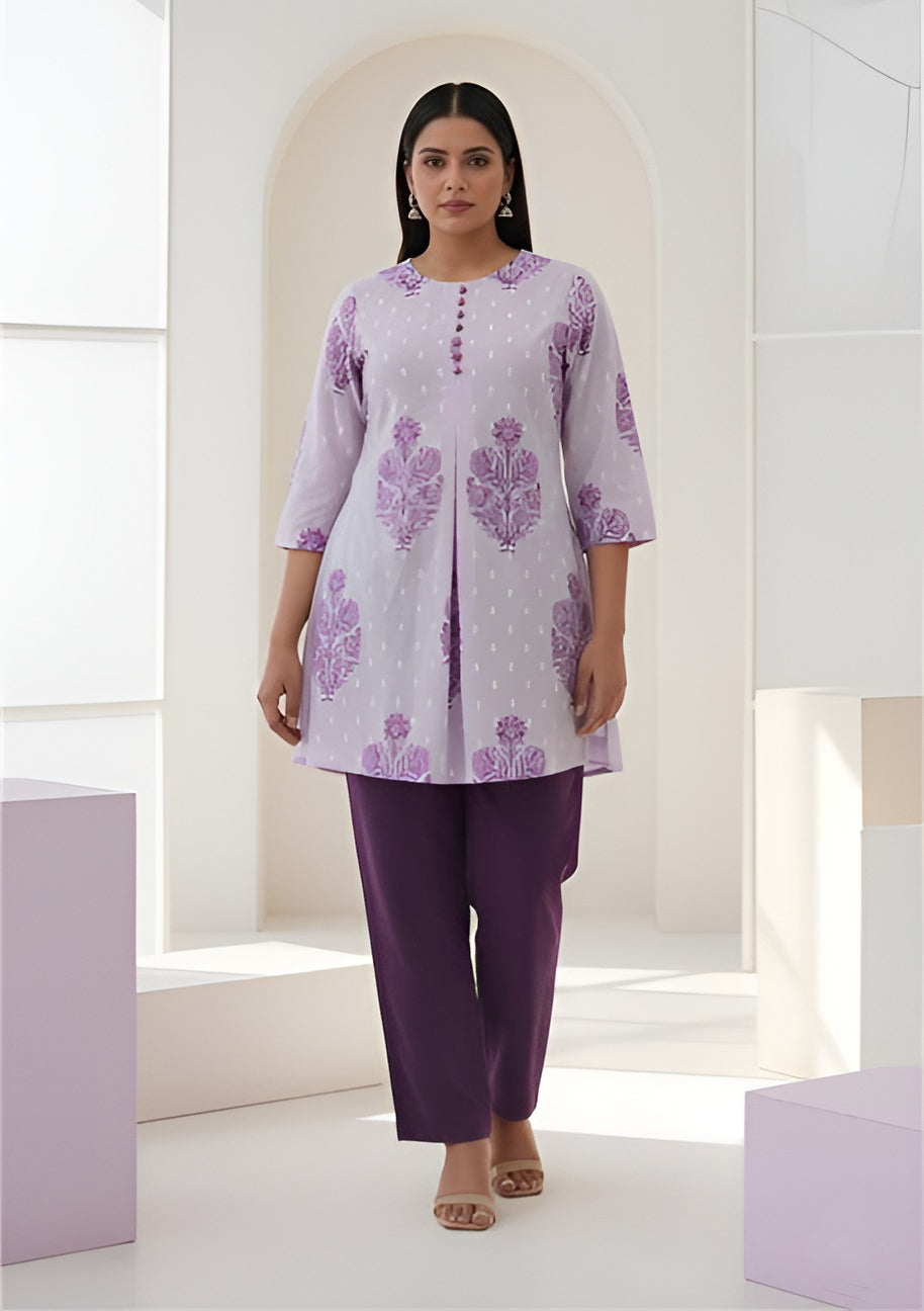 Yash Gallery Women’s Cotton Printed A-Line Kurti with Front Pleat and Fabric Buttons