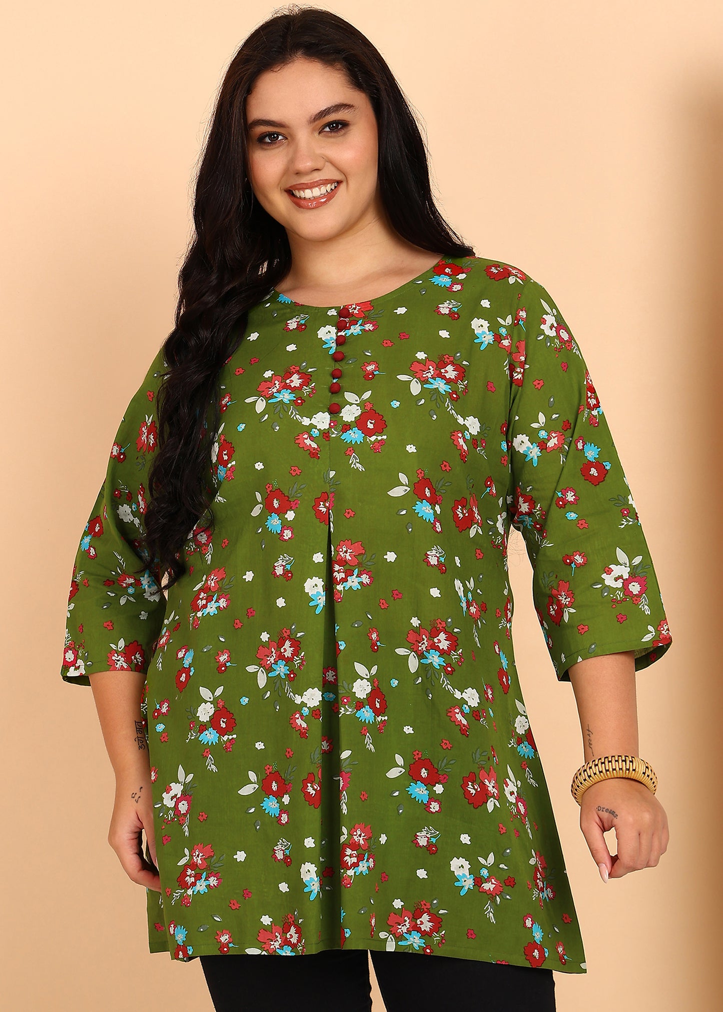 Yash Gallery Women's Cotton Floral Printed Short Kurti (GREEN)