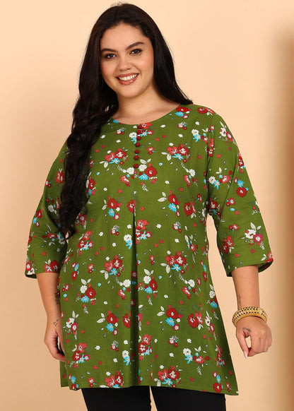 Yash Gallery Women's Cotton Floral Printed Short Kurti (GREEN)
