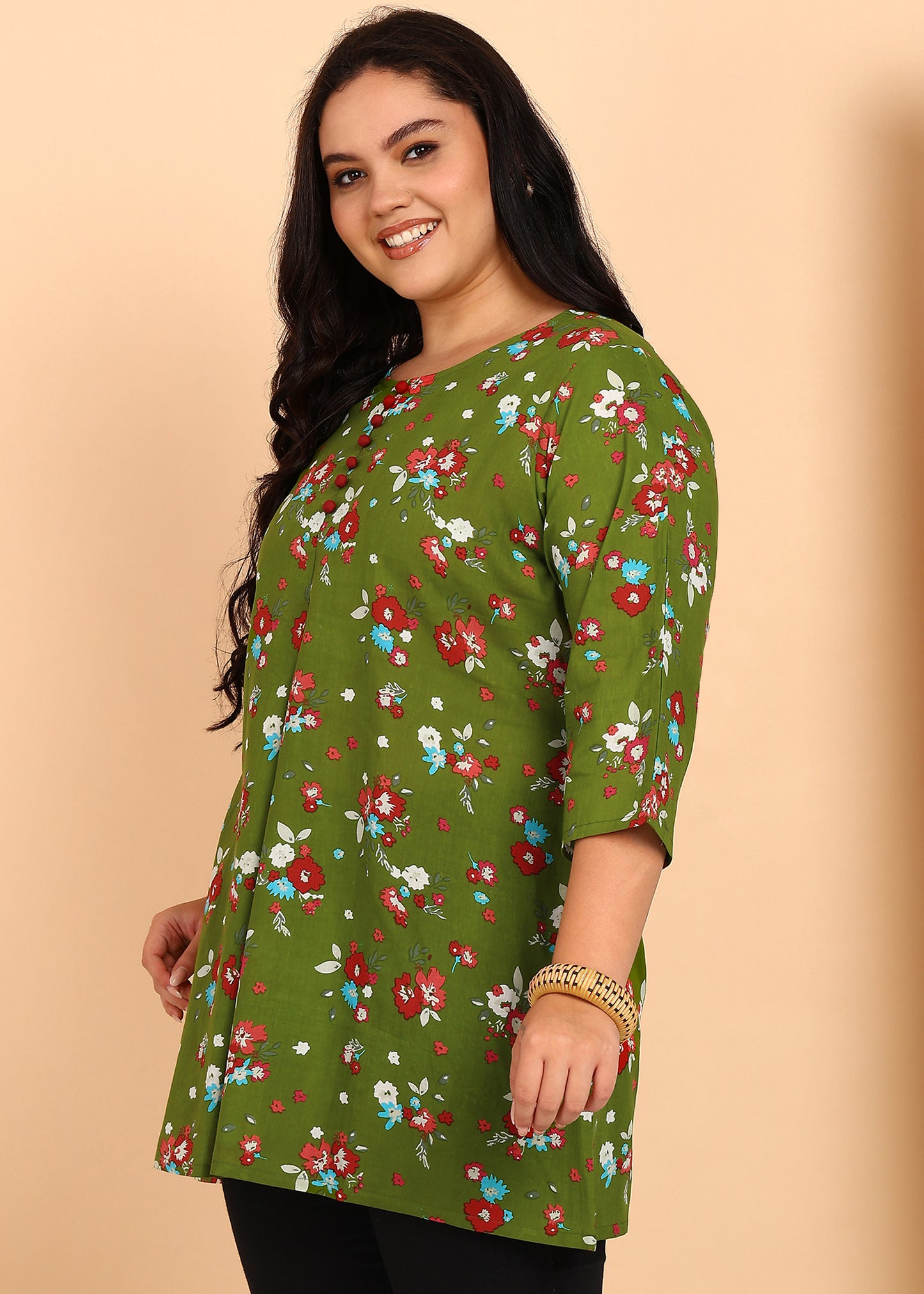 Yash Gallery Women's Cotton Floral Printed Short Kurti (GREEN)