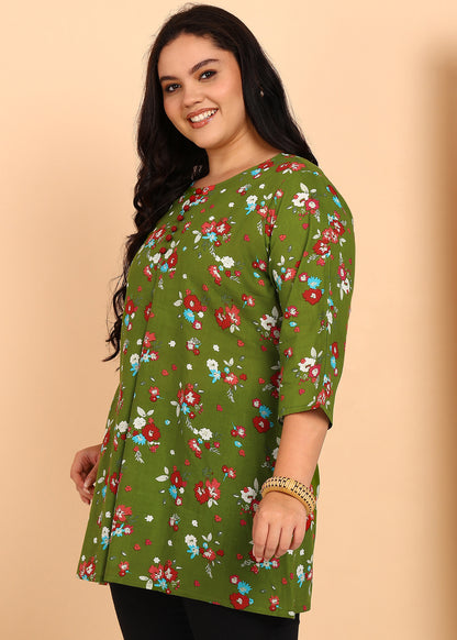 Yash Gallery Women's Cotton Floral Printed Short Kurti (GREEN)