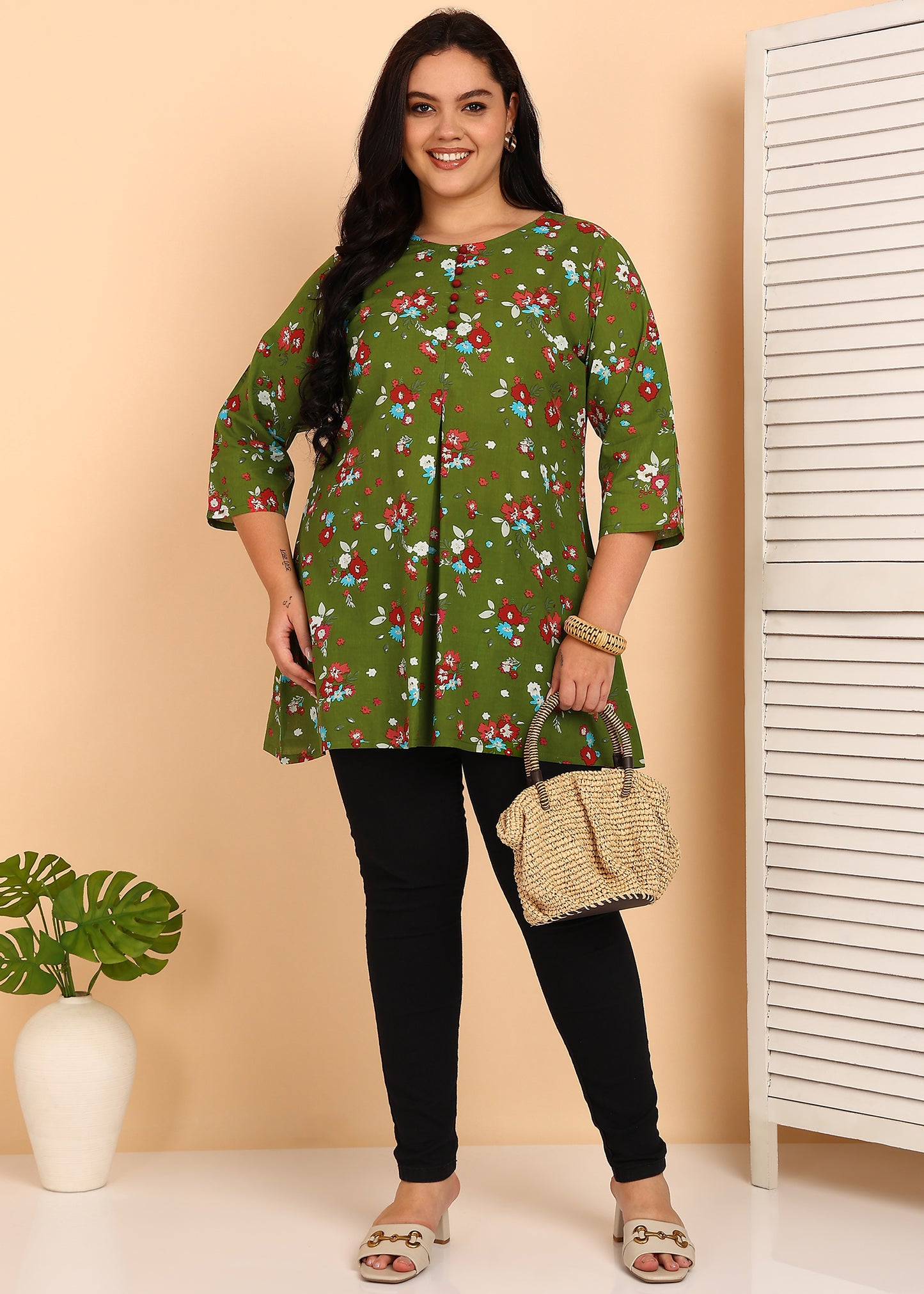 Yash Gallery Women's Cotton Floral Printed Short Kurti (GREEN)