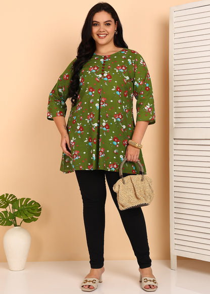 Yash Gallery Women's Cotton Floral Printed Short Kurti (GREEN)