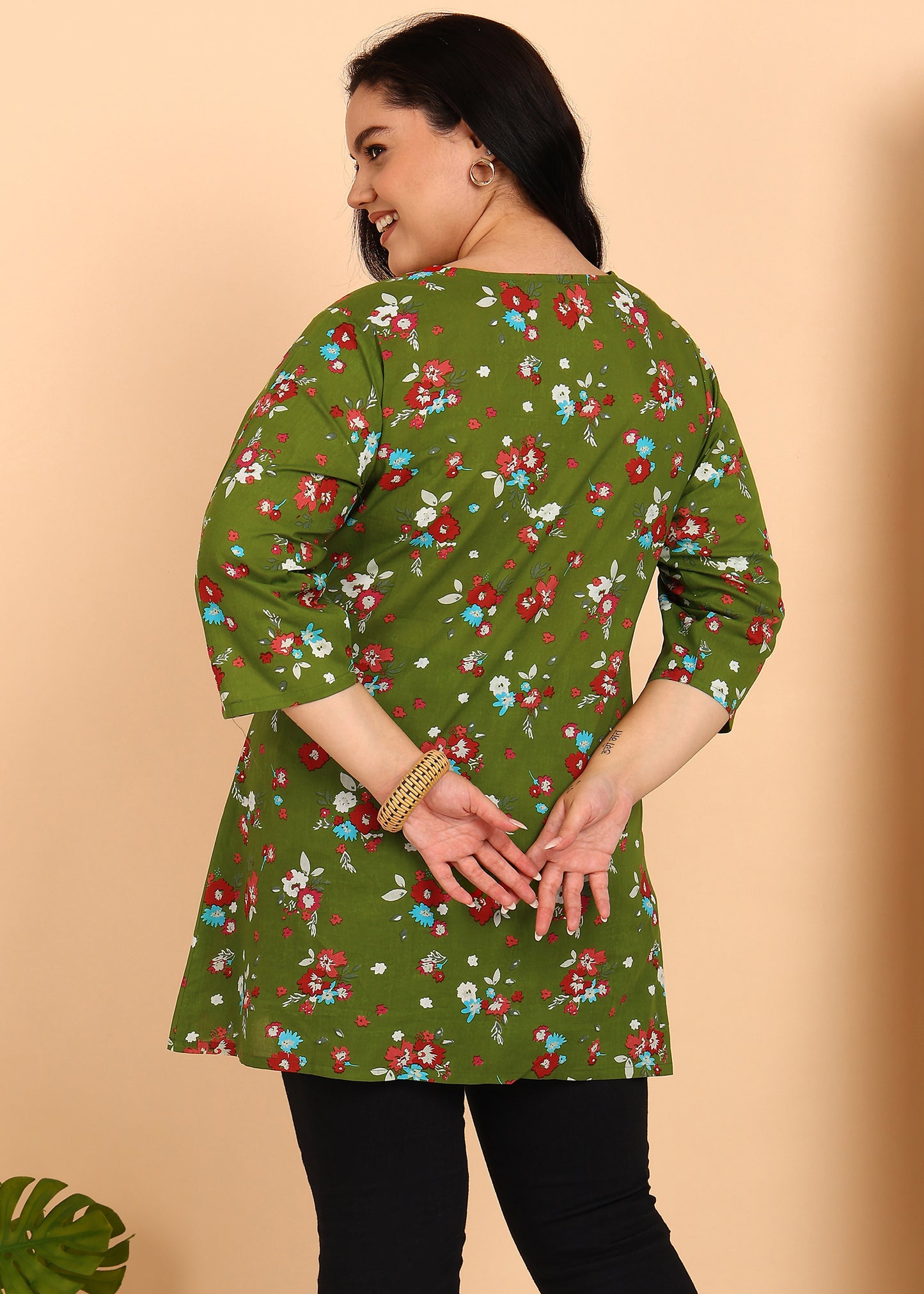 Yash Gallery Women's Cotton Floral Printed Short Kurti (GREEN)