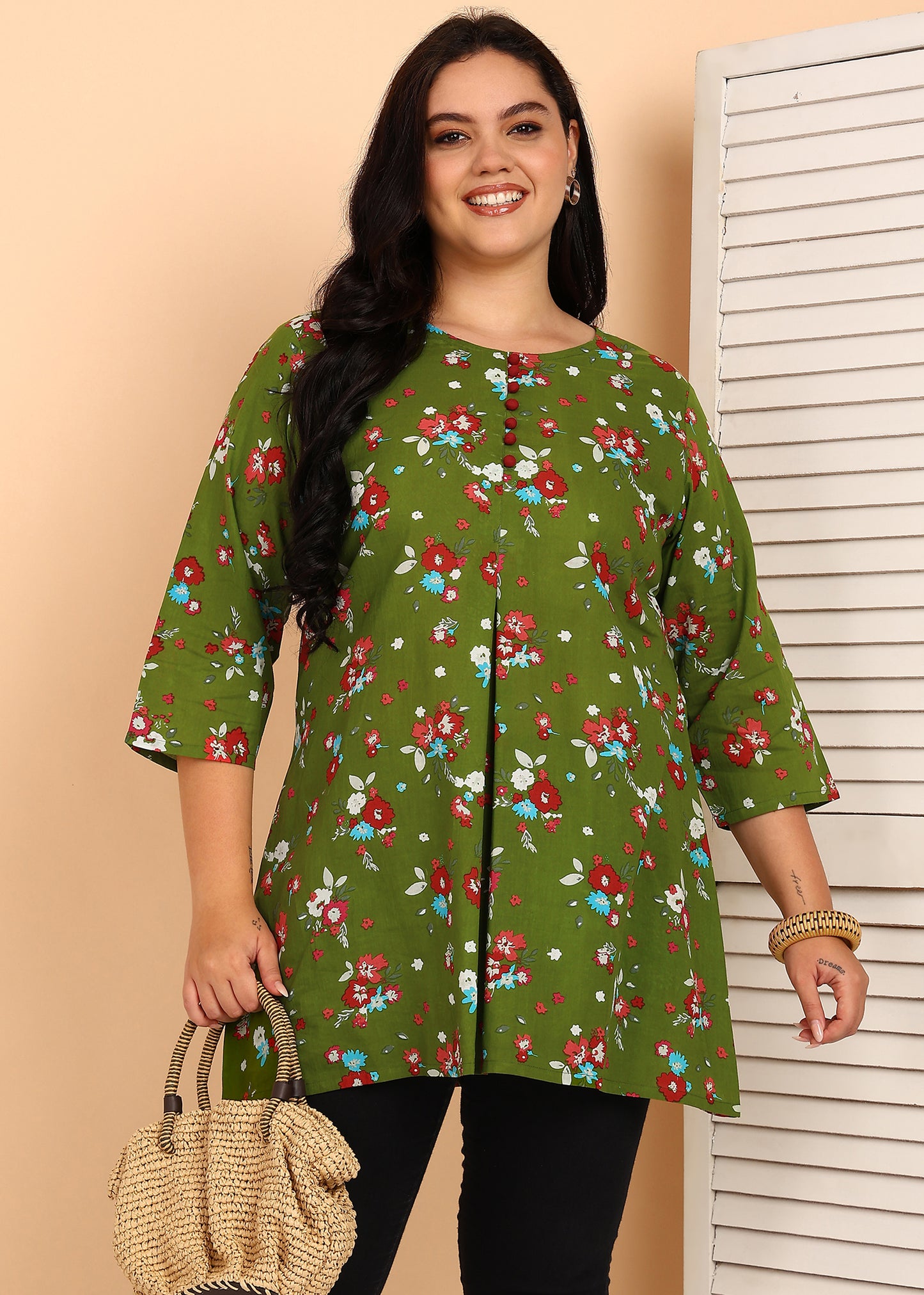 Yash Gallery Women's Cotton Floral Printed Short Kurti (GREEN)